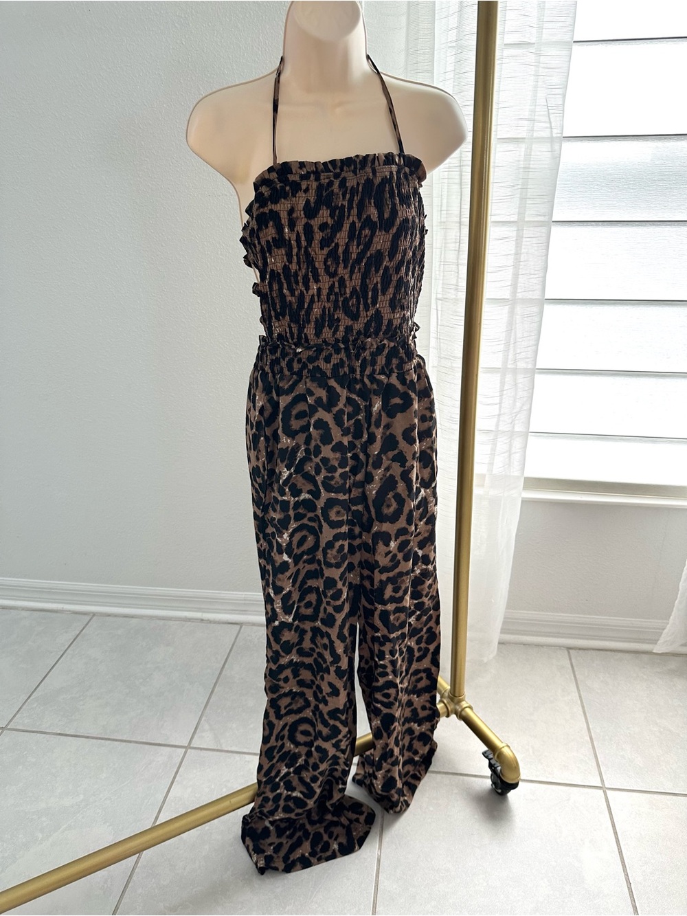 Leopard Print Backless Halter Wide Leg Jumpsuit